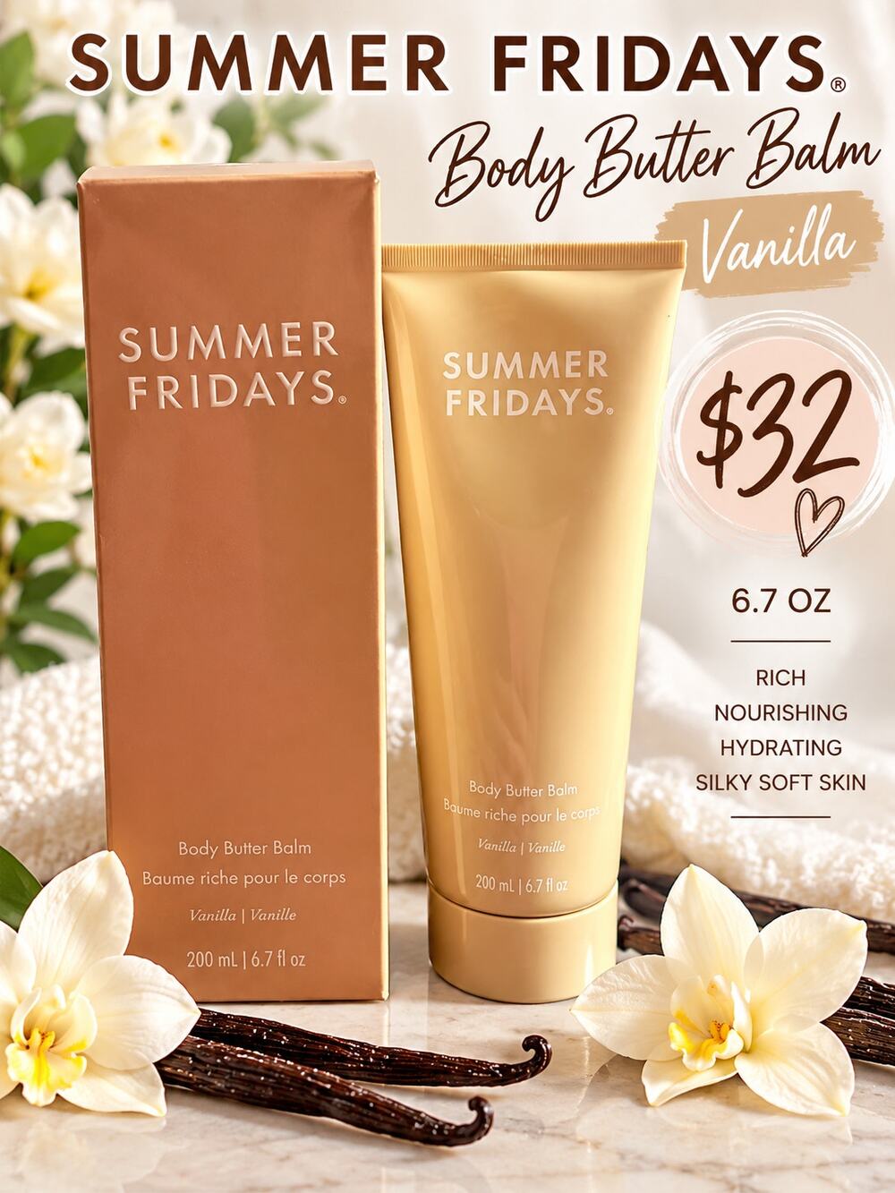 Summer Fridays $32 Body Butter Balm Vanilla NIB